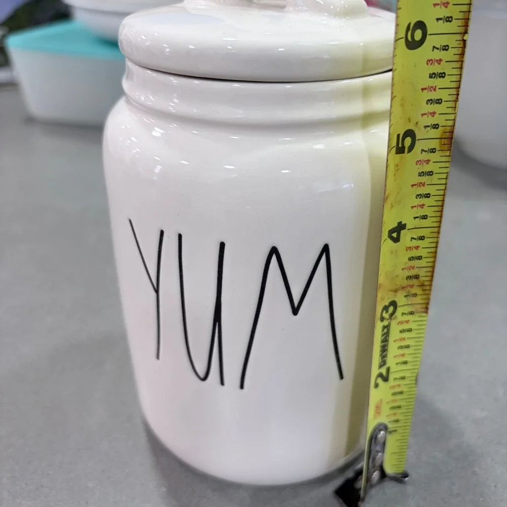 Rae‎ Dunn YUM Ceramic Canister with Lid White Farmhouse Kitchen Jar Magenta 6in